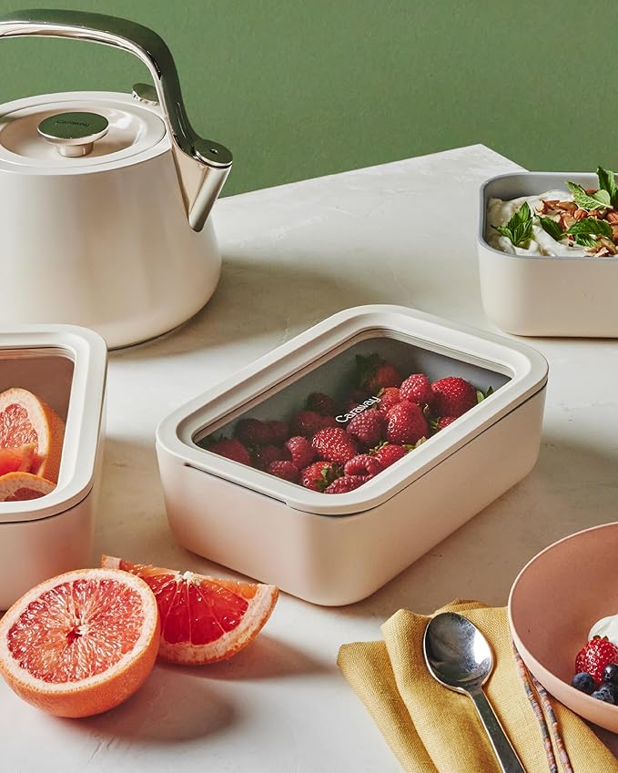 Caraway 6pc Glass Food Storage Set – 6.6 Cup Food Containers (6) - Ceramic Coated - Non Toxic, Non Stick with Lids - Microwave Safe - Mist