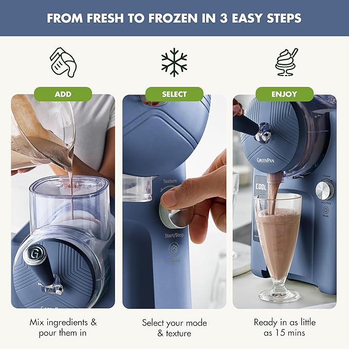 GreenPan Frost Ice Cream Machine & Frozen Drink Maker, Soft Serve, Slushie, Sorbet, Milkshakes & Cocktails, No Freezer Needed, 15-in-1, 7 Textures, Quiet & Rapid, Easy Clean, Family Size, Berry Blue