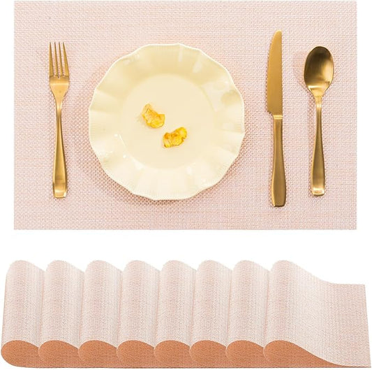 BACKTOEDEN Placemats Set of 8 Heat Resistant Washable Wipeable Placemat Woven Non-Slip Foldable Vinyl/Plastic Place Mats Indoor/Outdoor Mat Kitchen Dining Table Pad, Bright Silk Pink