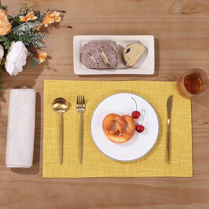 SHACOS Woven Fabric Placemats Set of 4 Heat Resistant Place Mats Non Slip Washable Double Layer Cloth Placemats Reversible Table Mats Kitchen Dining Table Decor (4, Yellow)