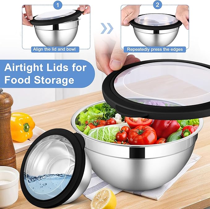 LIANYU Stainless Steel Mixing Bowls Sets of 6, Large 7, 3.5, 2.5, 2, 1.5, 1QT Size with Transparent Airtight Lids, Metal Nesting Serving Bowl Sets for Home Kitchen, Dishwasher & Freezer Safe, Black