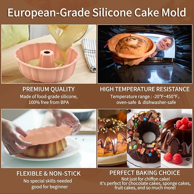 2 Pack Silicone Cake Pan Nonstick,10 Inch, Silicone Cake Molds,Pound Pan, Baking Cake Pan for Jello,Gelatin,Cake,Brownie and Bread (Red+Pink)