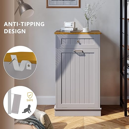 Tilt Out Trash Bin Cabinet Dog Proof Trash Can Holder Kitchen Island with Garbage Bin or Tilt Out Laundry Hamper (Gray)
