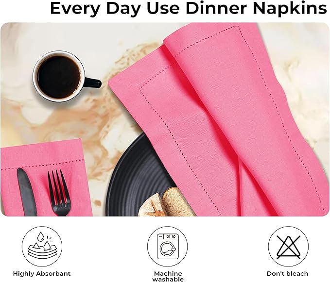 Bedding Craft 100% Cotton Cloth Dinner Napkins Set of 12 – 18x18 Baby Pink Hemstitched – Soft Durable Machine Washable Fabric Napkins for Weddings, Parties & Holidays