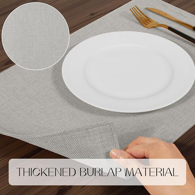 Romanstile Cloth Placemats Set of 8-12 x 18 Inch, Heat Resistant Double Layered Thickened Burlap Place Mats, Washable Linen Farmhouse Table Mats for Kitchen/Dining/Party/Outdoor, Light Grey