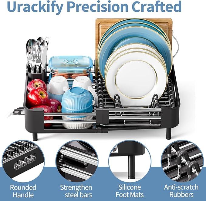 Dish Drying Rack for Kitchen Counter, Extendable Dish Rack with Drainboard, Collapsible Dish Drainer, Expandable Dish Strainer with Cutlery Holder, Foldable Home Countertop Plate Storage Rack, Black