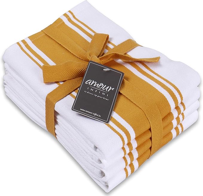 AMOUR INFINI Kitchen Towels 100% Cotton Pack of 4, Highly Absorbent Quick Drying Premium Striped Dish Towel for Kitchen with Hanging Loop Hand & Tea Towels (Yellow)