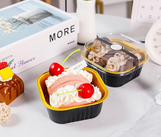 60 Pack Mini Cake Pans with Lids Mini Aluminum Pans, Disposable Loaf Pans Cupcake Liners with Lids for Pudding, Souffle, Party, Wedding(Black Gold, 10 oz)