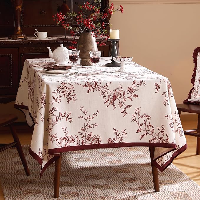 French Rectangle Tablecloth, Linen Table Cloth with Dark Red Floral Leaves and Birds Pattern, Heavy Durable Table Cover for Dining Kitchen Decor Party Christmas, 55" * 71"