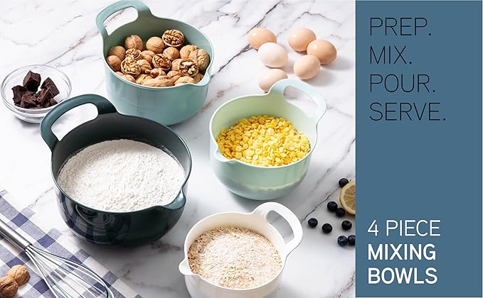 COOK WITH COLOR Nesting Plastic Mixing Bowl Set with Pour Spouts and Handles, Mint, 4 Piece Non-Slip