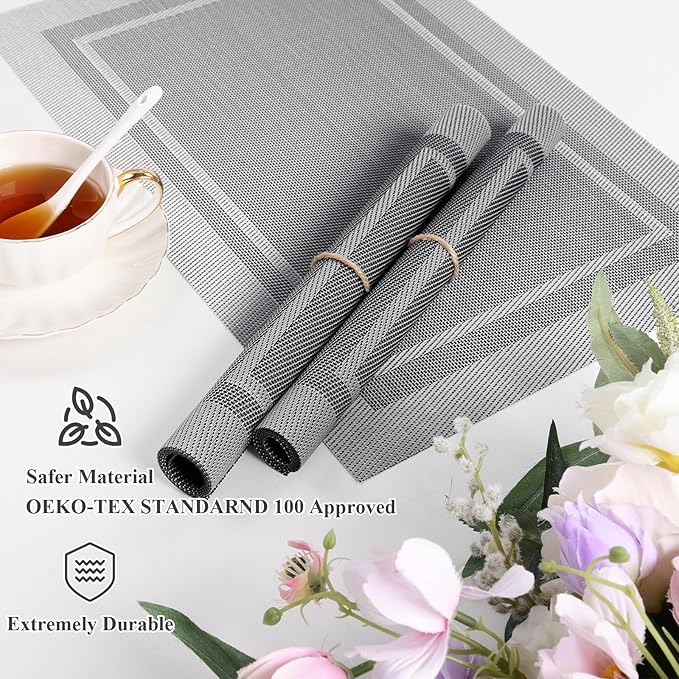 SHACOS Woven Vinyl Placemats Set of 6 Wipe Clean Place Mats for Dining Table Heat Resistant PVC Weave Table Mats Indoor Outdoor (6, Frame Grey)