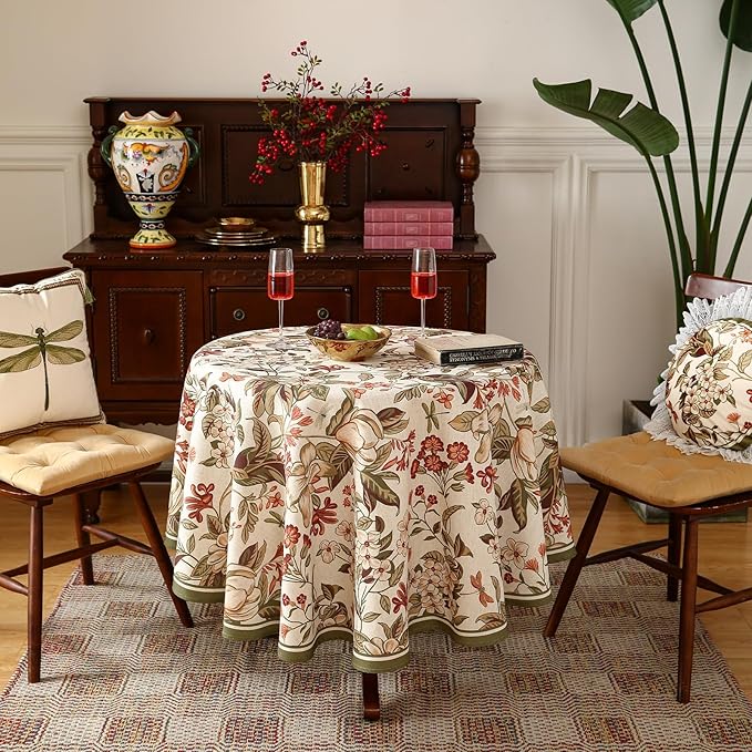 French Tablecloth for Round Tables,Linen Table Cloth with Colorful Flowers Pattern,Heavy Durable Table Cover for Dining Thanksgiving Kitchen Decor Party Christmas,Diameter 55"