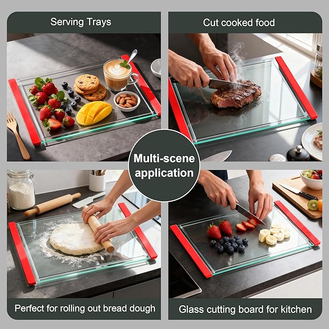 Tempered Glass Cutting Board Set for Kitchen Counter - Dishwasher Safe with Juice Grooves, Non-Slip Silicone Edges & Beveled Grip - 16"x12" & 12"x8" Serving Tray (Red-2PCS)