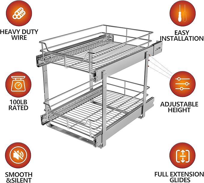 2-Tier Cabinet Pull Out Shelves (14" W x 22" D), Slide Out Shelves for Kitchen Cabinets, Metal Under Cabinet Roll Out Shelf