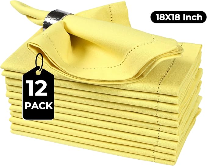 Bedding Craft Hemstitched Cotton Cloth Dinner Napkins Set of 12 – 18x18 Golden Kiwi – Reusable Machine Washable Fabric Napkins for Weddings, Thanksgiving, Christmas & Events