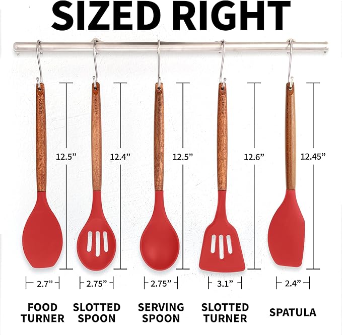 Zulay Kitchen Utensils Set Non-Stick Silicone Cooking Utensils Set with Authentic Acacia Wood Handles - 5 Piece Silicone Utensil Set - Kitchen Utensils Set with 464°F Heat Resistance - Red