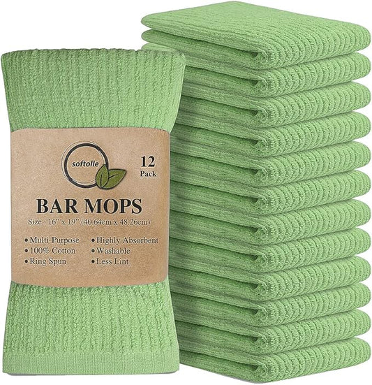 Softolle Bar Mop Towels, Pack of 12-16x19 Inches - 100% Cotton Super Absorbent Towels, Multi-Purpose for Home and Bar Cleaning (Light Green)