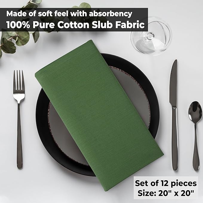 Urban Villa Christmas Cloth Napkins 100% Cotton Slub Absorbent Dinner Napkins (Set of 12) Oversized 20x20 Inches Solid Green Color Soft Durable Reusable Washable Ideal for Everyday Use Wedding Parties