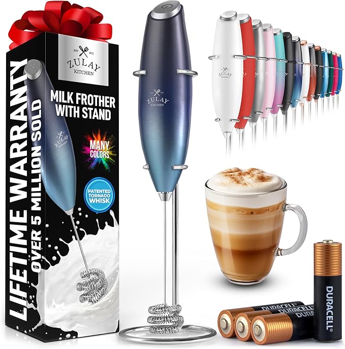 Zulay Kitchen Patented Tornado Triple Whisk Milk Frother with 4 Duracell Batteries – Handheld Foam Maker for Coffee, Lattes, Matcha & Hot Chocolate – Rich, Creamy Froth in Seconds