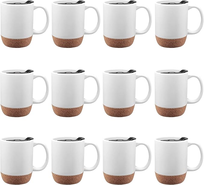 DISCOUNT PROMOS Barista Ceramic Mugs with Cork Bottom 13 oz. Set of 12, Bulk Pack - Perfect for Coffee, Tea, Espresso, Hot Cocoa, Other Beverages - White