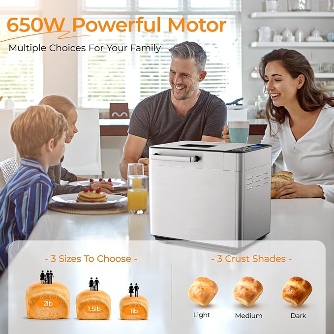 EUHOMY Bread Maker Machine 13-in-1 Bread Machine, Dough Maker, Auto Nut Dispenser & Ceramic Pan, 2LB and 3 Loaf Sizes & 3 Crust Colors, 650W Bread Machine with Keep Warm Set, Whole Wheat