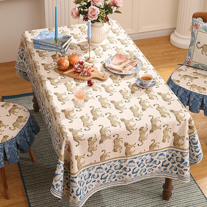 patdrea Leopard Animal Linen Table Cloth Soft Breathable Tabletop Cover Dacorative Kitchen Dining Tablecloth for Rectangular Tables for Parties,Holiday,Christmas,63"x 102"