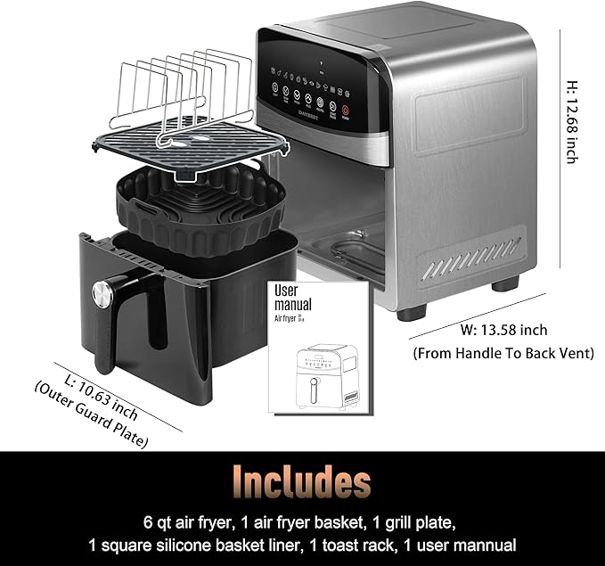 6QT Air Fryer, 2-3 Servings, 12-in-1 Dual Heats Stainless Steel & Full Metal Housing, Deep Basket with PFAS & PTFE-Free Premium Ceramic Coating, 1700W, DAYBEST Dishwasher Safe Kits (Stainless Steel)