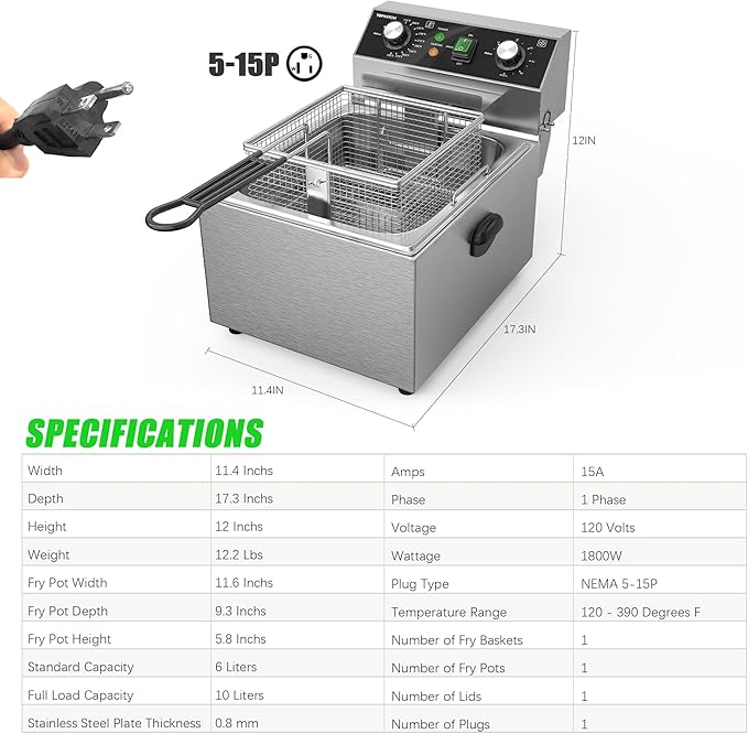 Electric Deep fryer Stainless Steel Deep Fryer with Basket & Lid Capacity 10L(10.5QT) Electric Countertop Fryers for Home Kitchen and Restaurant with 60 Minute Timer, 1800 Watts, 120V