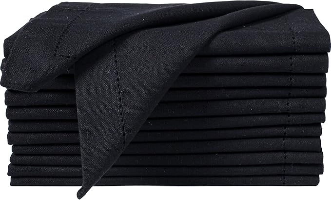 Bedding Craft Cloth Dinner Napkins Set of 12 – 18x18 Jet Black Linen-Look Hemstitched – Reusable Machine Washable Fabric Napkins for Weddings, Events & Everyday Dining