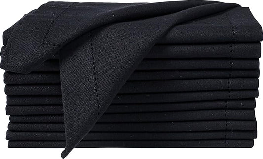 Bedding Craft Cloth Dinner Napkins Set of 12 – 18x18 Jet Black Linen-Look Hemstitched – Reusable Machine Washable Fabric Napkins for Weddings, Events & Everyday Dining
