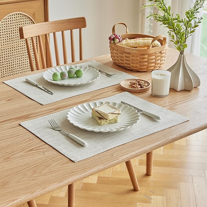 Softalker Faux Linen Placemats Set of 8-12 x 18 Inch, Heat Resistant Double Layered Durable Burlap Farmhouse Place Mats, Non-Slip Washable Rustic Table Mats for Dining, Kitchen, Party（Cream