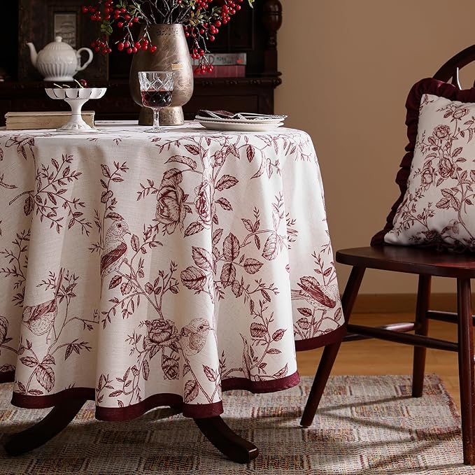 French Round Tablecloth, Linen Table Cloth with Dark Red Floral Leaves and Birds Pattern, Heavy Durable Table Cover for Dining Thanksgiving Kitchen Decor Party Christmas,Diameter 67"