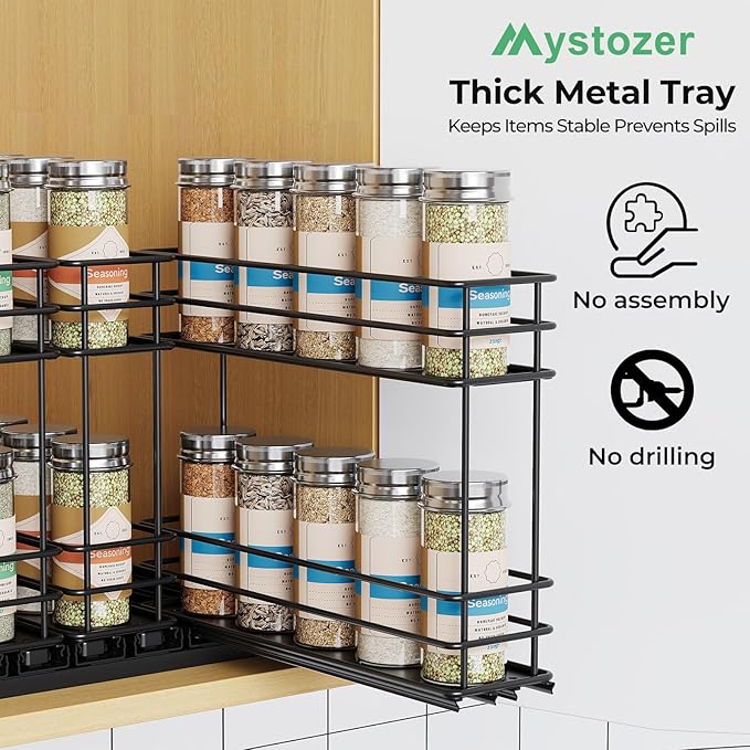 Pull Out Spice Rack Organizer for Cabinet, Slide Out Spice Racks, Easy to Install, 2.1''Wx10.35''Dx8.26''H, 3 Drawers 2 Tiers(Black)