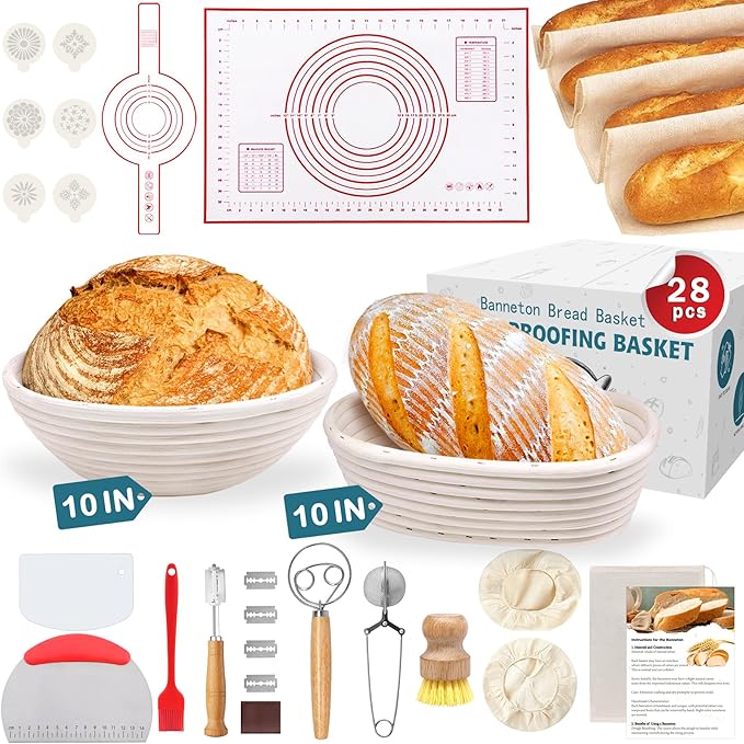 Aliggbent 28Pcs Sourdough Bread Baking Supplies, 10'' Round & 10'' Oval Banneton Bread Proofing Baskets with Liners, Starter Bread Making Tools Kit Proofing Bowls for Sourdough Rising and Baking