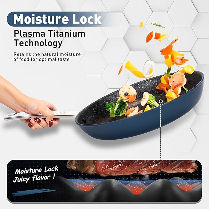 DishDelight Pots and Pans Set Nonstick, 9,11 Inch Induction Ceramic Cookware Set with Stay-Cool Handles, Added Plasma Diamond, Blue