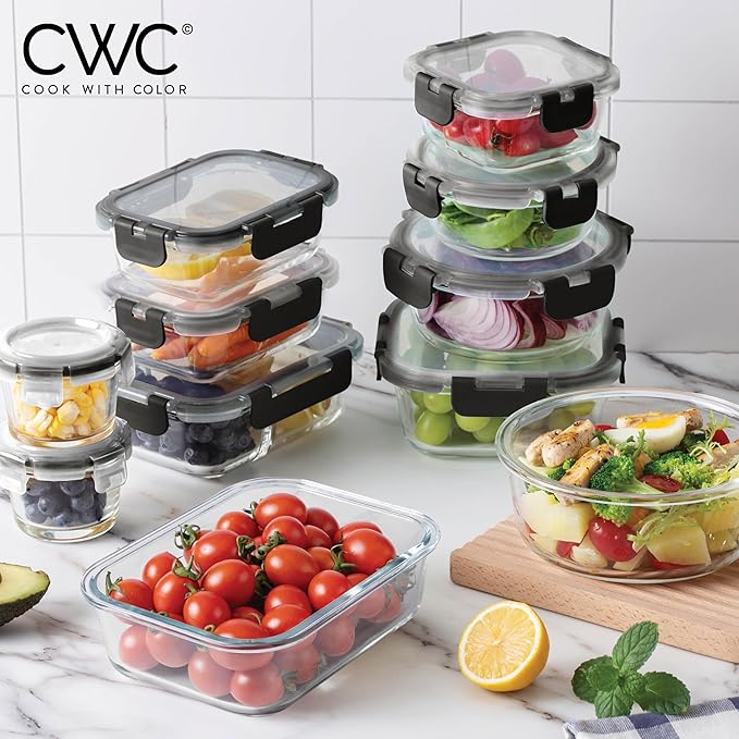 COOK WITH COLOR Premium 32-Pc. Borosilicate Glass Food Container Set with Dividers - 4 Rectangles, 8 Rounds, 4 Squares - Leakproof Lids - Meal Prep, Storage, Ombre Black