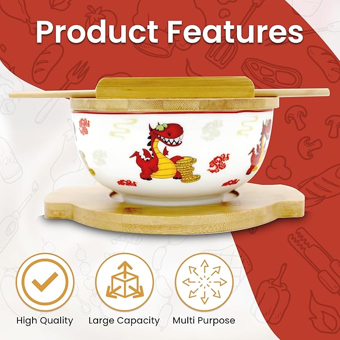 XWORLD Japanese Ceramic Ramen Noodle Bowls Set with Ceramic Spoon, Bamboo Chopsticks, Lid & Trivet, Serving Capacity of 20 OZ, Microwavable Oven Safety (2.75” x 5.75” D) (Dragon and money)
