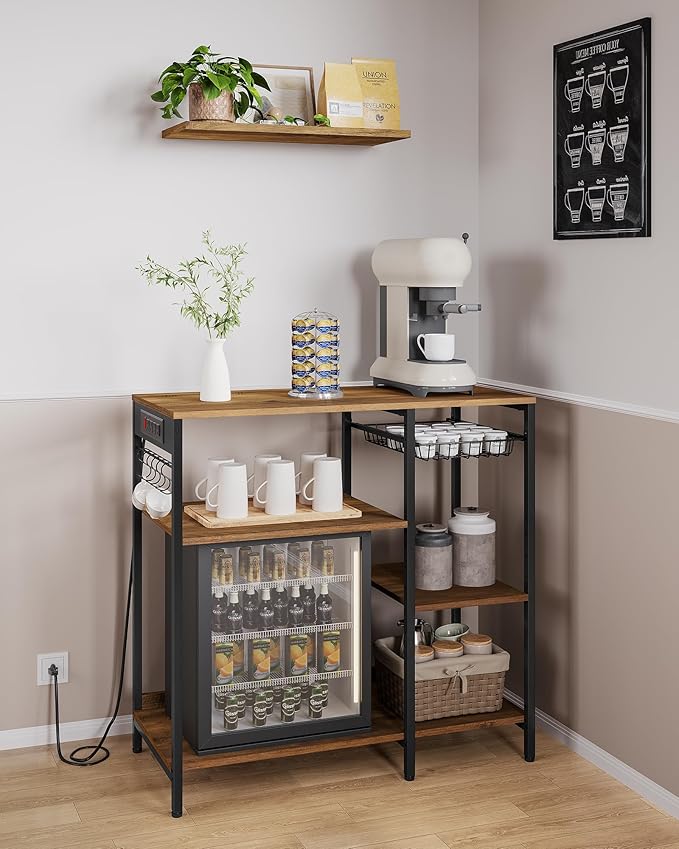 VASAGLE Baker's Rack, Coffee Bar Stand with Charging Station, Storage Shelves, Pull-Out Wire Basket, Table for Microwave, Kitchen, Rustic Walnut UKKS036K41, 15.7 x 35.4 x 35.6 Inches