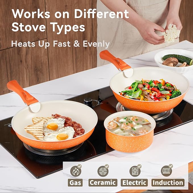 Ceramic Cookware Sets, Pots and Pans Set Nonstick, 22Pcs Induction Cookware, Non-toxic Healthy Non Stick Kitchen Cooking Set with Detachable Handles, PFAS PTFE PFOA PFOS Free (Orange)