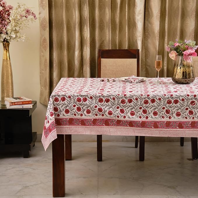 Ridhi -Sangria Red Cotton Tablecloth, Handblock Print Floral Table Cloth for Kitchen Dining Linen I Thanksgiving, Christmas, Wedding, Fall Décor 14 Seater 72X160 Inches Rectangle