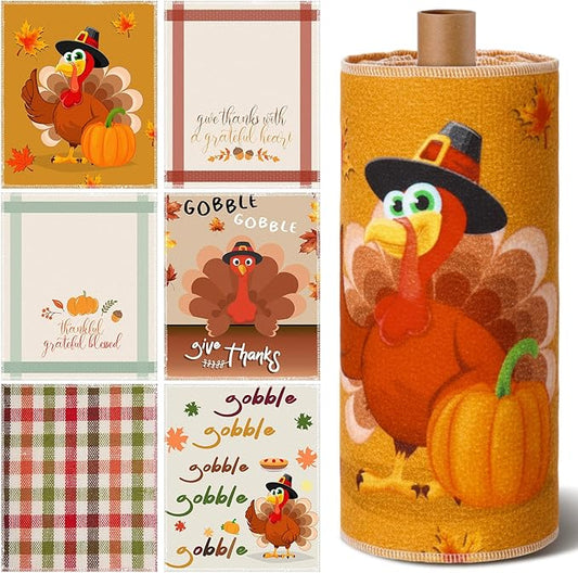 36 Pcs Thanksgiving Reusable Paper Towels Rolls Washable Bulk Thanksgiving Pumpkin Turkey Kitchen Towels Paperless Reusable Cloth Cotton Napkins with Cardboard for Kitchen Bathroom