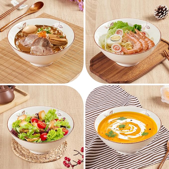 40 OZ ceramic ramen bowls, 8 IN large Japanese noodle soup bowl, match chopsticks and spoons, suitable for Pho, Udon Asian noodles (Flowers and birds)