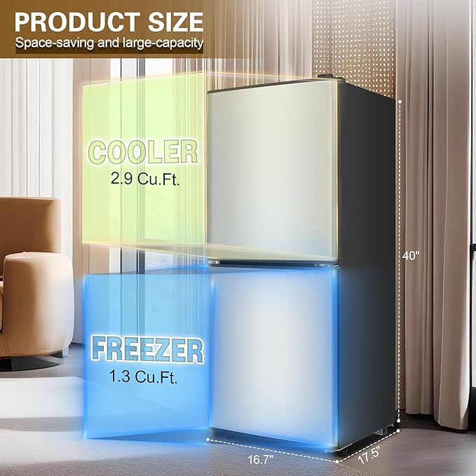 Compact Refrigerator with Freezer 4.2 Cu. Ft. 2-Door Dorm Fridge with Adjustable 7-Level Thermostat, Small Refrigerator with Freezer for Home, RV, College Dorm, Apartment, Office, Silver