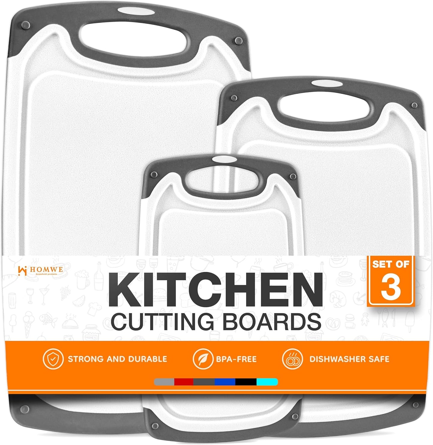 Cutting Boards for Kitchen - BPA-Free Chopping Board - Different Sizes & Non Slip Handles - Reversible, Large Cutting Board Set - Unique Gifts for Cooks Who Have Everything - 3-Pack Gray/Gray