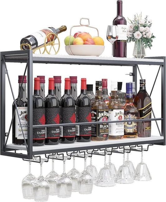 Dokser Wine Rack Wall Mounted Shelf - 2 Tier, Rustic Wood & Industrial Iron Frame Wine Bottle Holder for Kitchen, Dining Room, Home Bar Decor (White)