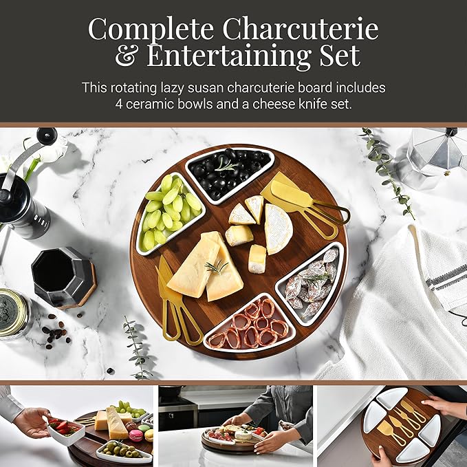Shanik Upgraded Lazy Susan Cheese Cutting Board Set - Round Acacia Charcuterie Board With 4 Ceramic Bowls - Wedding Gifts - Cheese Serving Platter - Bridal Shower