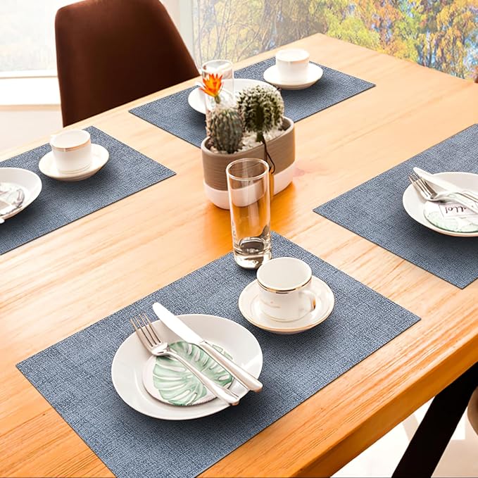 homing Faux Leather Heat Resistant Placemats 6 Packs, Waterproof Wipeable Dining PU Place Mats for Indoor & Outdoor, Easy to Clean, Denim Blue