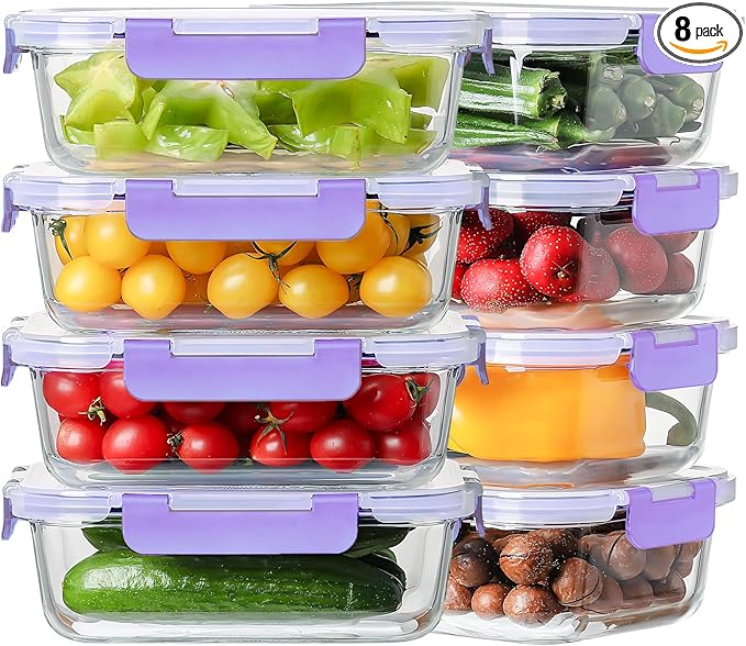 8 Pack 36oz Large Glass Meal Prep Containers with lids, Glass Food Storage Containers with Leak Proof Snap Lock Lids , Airtight Bento lunch Boxes, Kitchen Storage, Oven and Dishwasher Safe-Purple