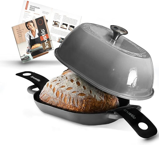 Enameled Cast Iron Dutch Oven for Professional Sourdough Bread Baking | 5.5 Quart Loaf Size Oval Cookware Pot with Lid | Triple-Layer Enamel Coating Pan with Non Stick Silicone Mat | Gray