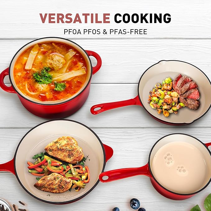 DishDelight Enameled Cast Iron Cookware Set, 7 Piece Set of Dutch Ovens, Sauce Pan, Skillet, 3 Lids, Ceramic Coated Cast Iron Dutch Oven Set, Pots and Pans Set Nonstick, Red